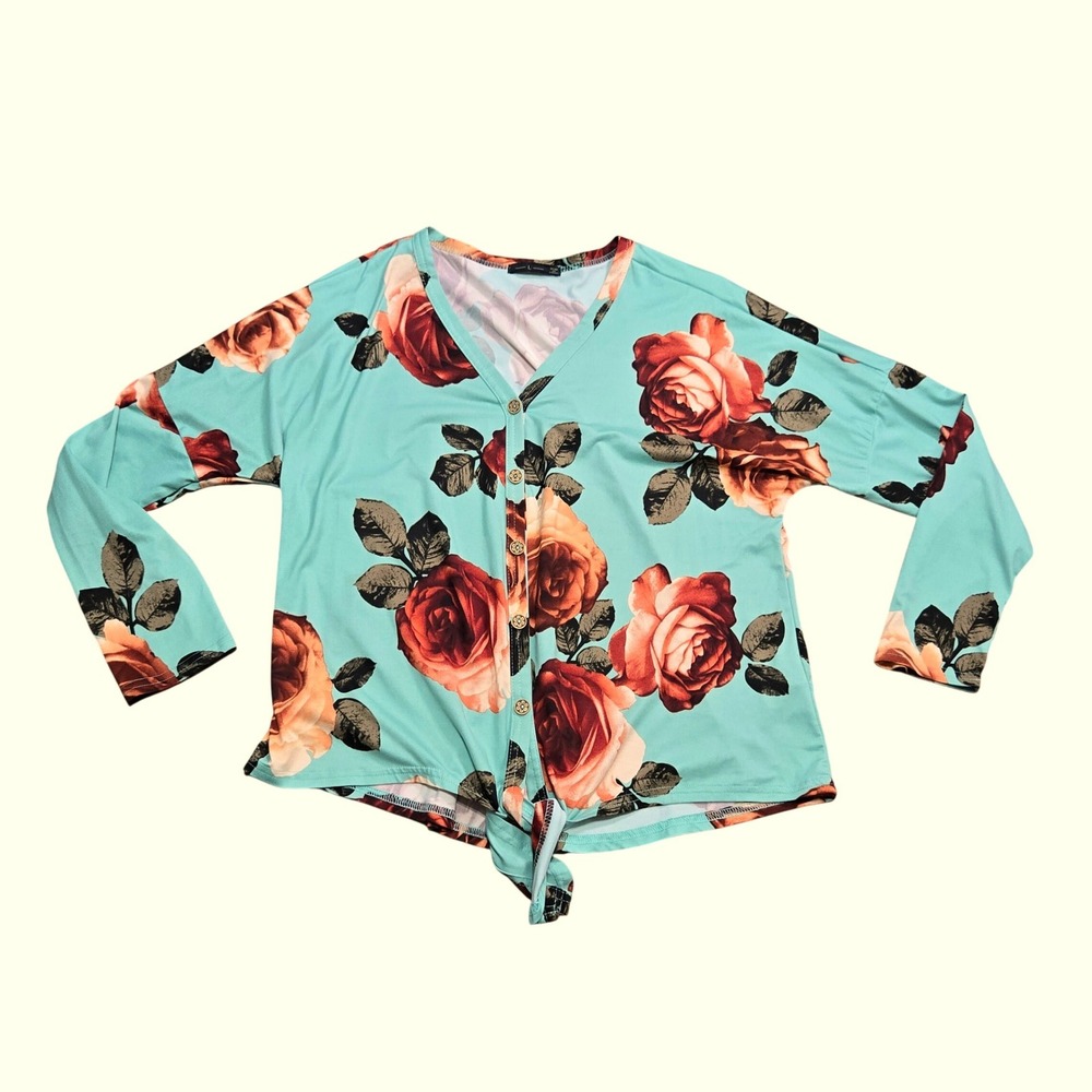 Mint Green Red Rose Floral Button Front Tie Hem Long Sleeve Top Size L